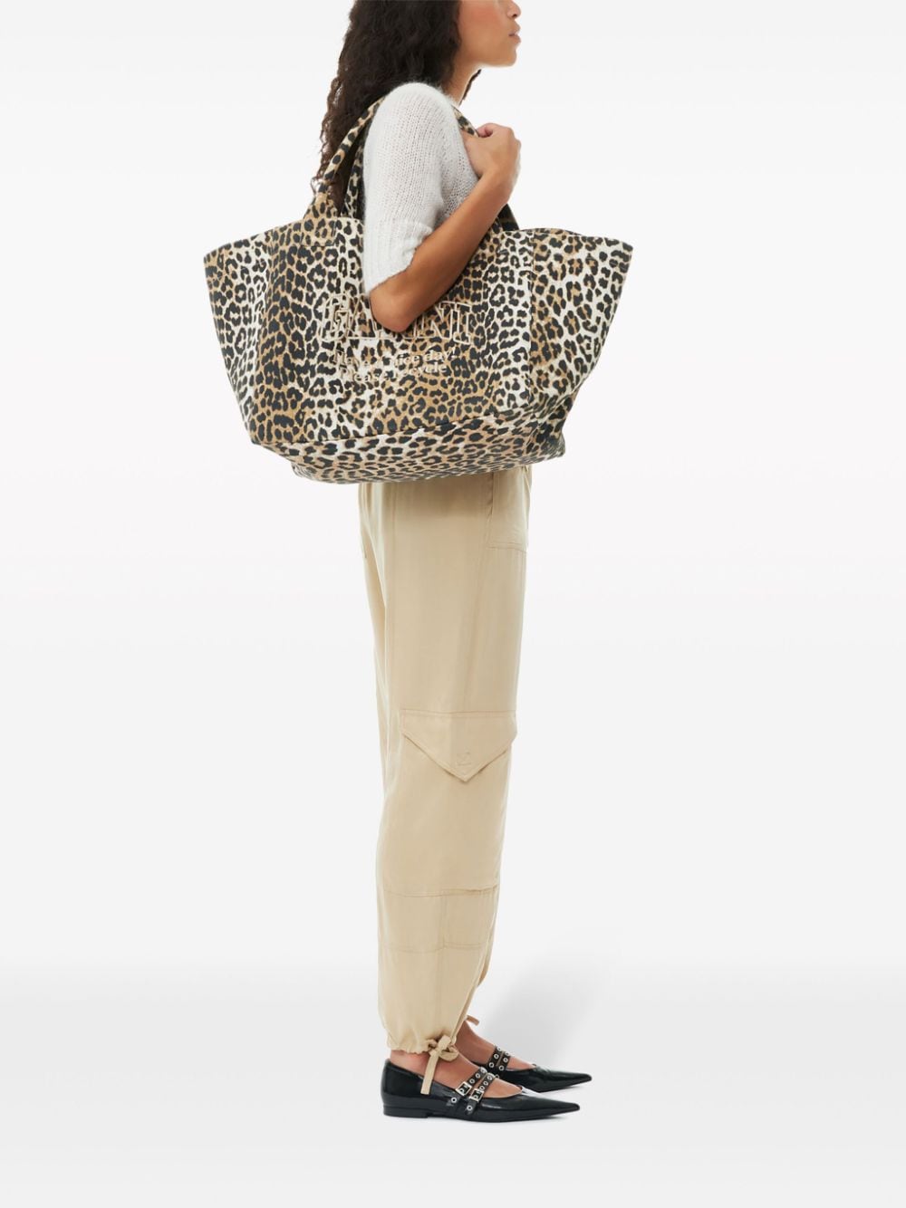 Shop Ganni Oversized Canvas Tote Bag In Brown