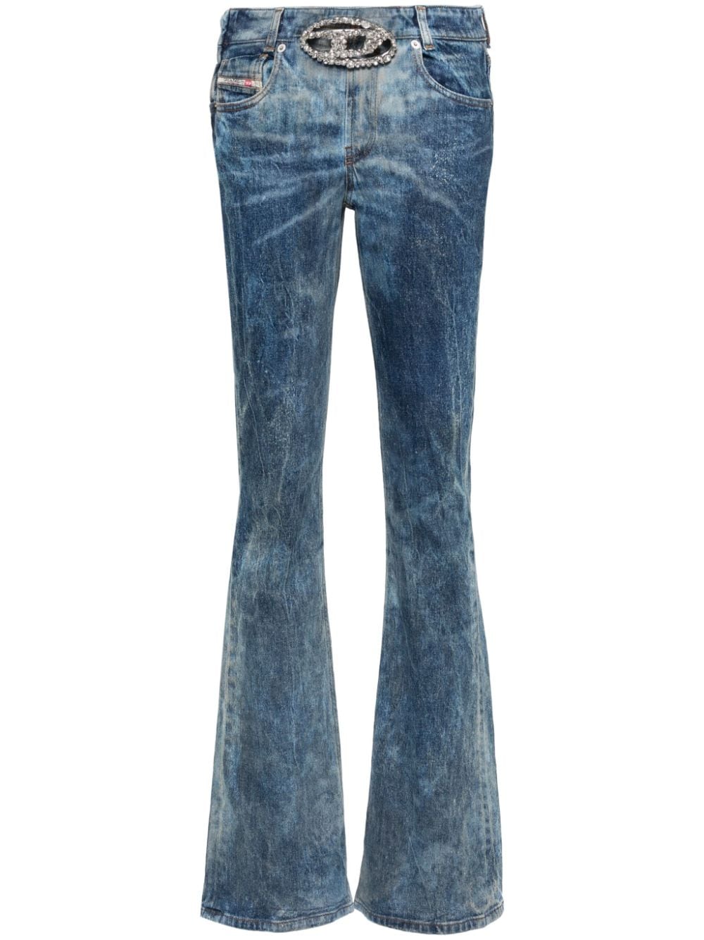 gem-logo buckle flared jeans