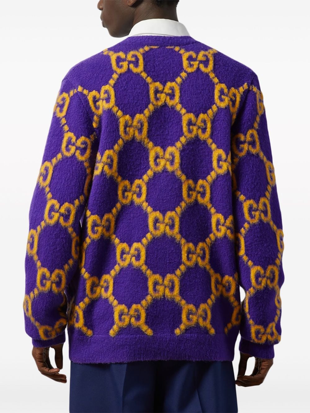 Shop Gucci Gg-intarsia Wool Cardigan In Purple