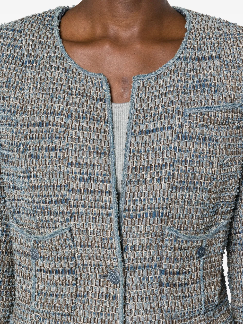 Pre-owned Chanel 2003 Frayed Tweed Jacket In Blue
