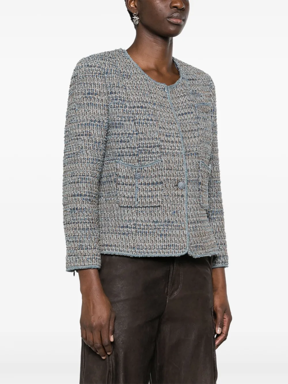 Pre-owned Chanel 2003 Frayed Tweed Jacket In Blue