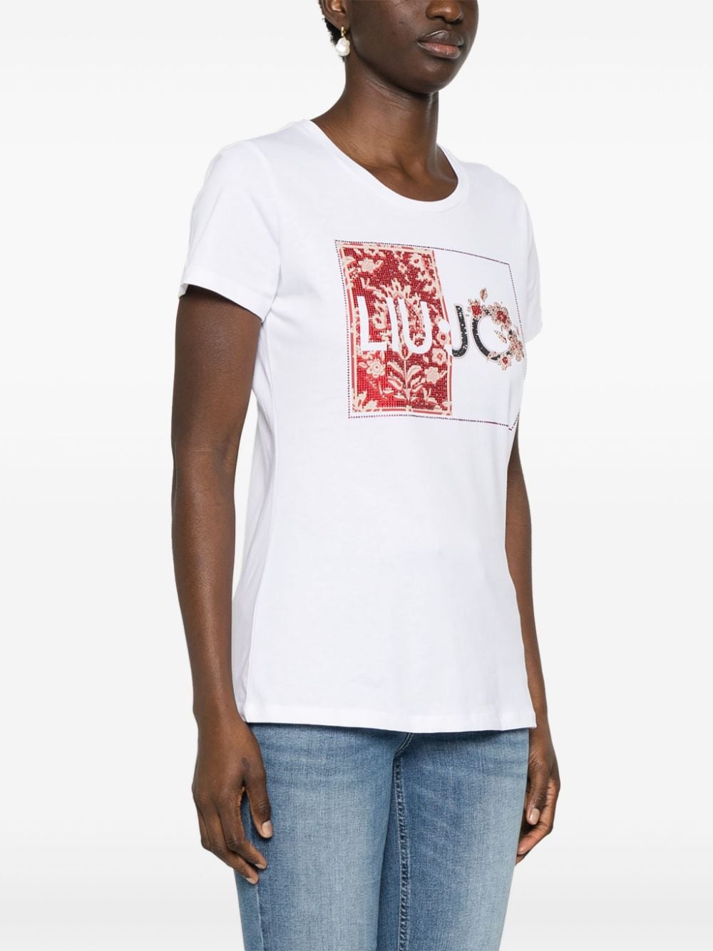Shop Liu •jo Crystal-logo Cotton T-shirt In White