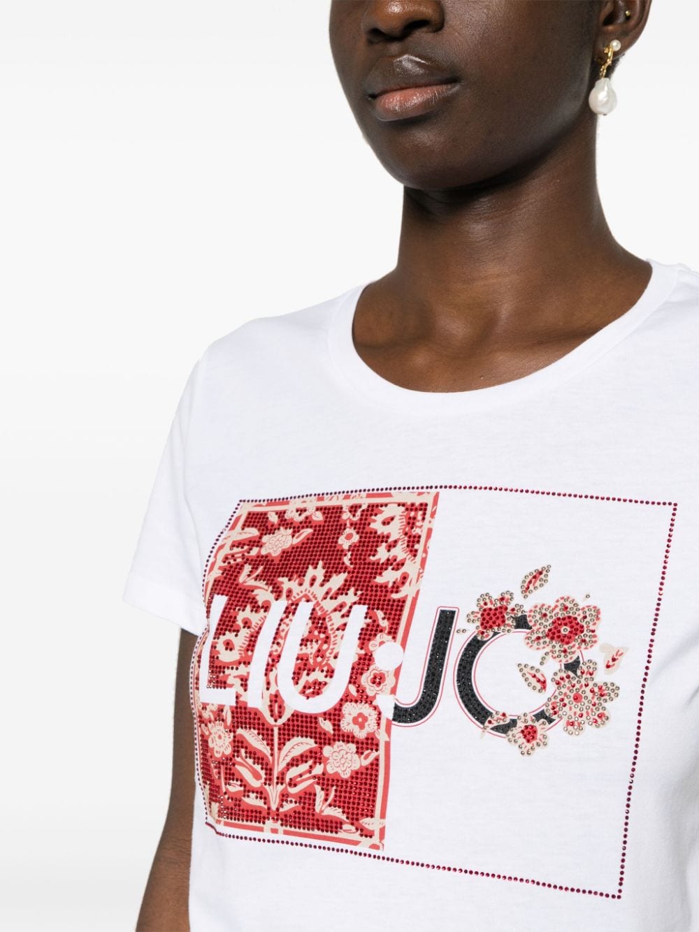 Shop Liu •jo Crystal-logo Cotton T-shirt In White