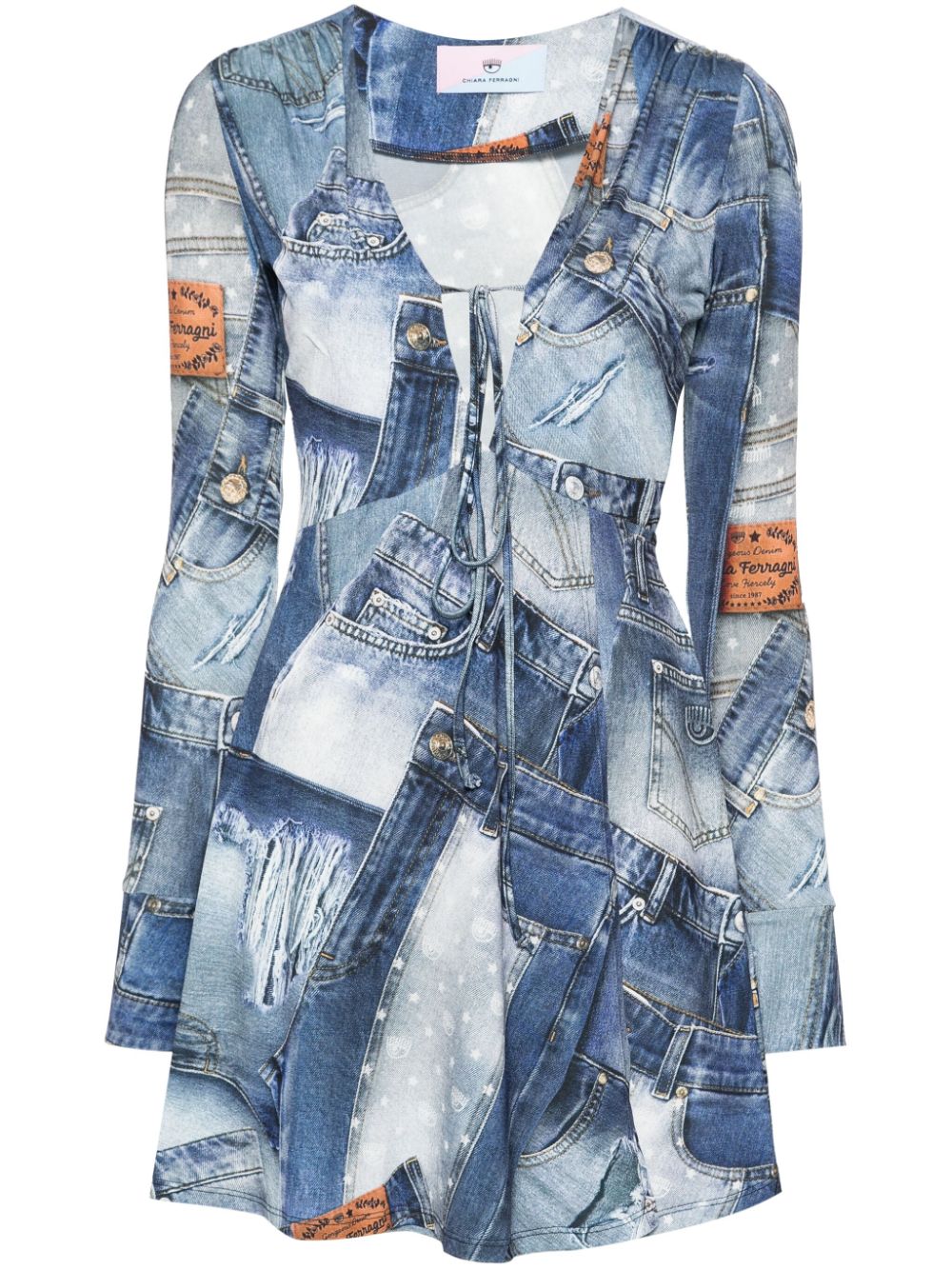 denim-print long-sleeve dress