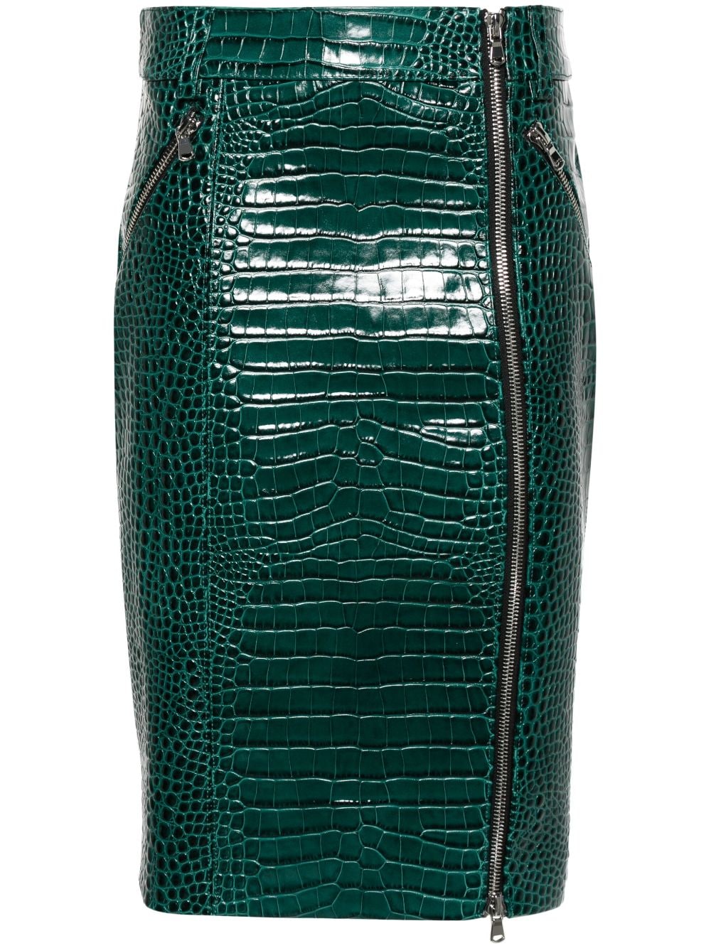 LaQuan Smith - crocodile-effect midi skirt - women - Calf Leather/Silk - M - Green