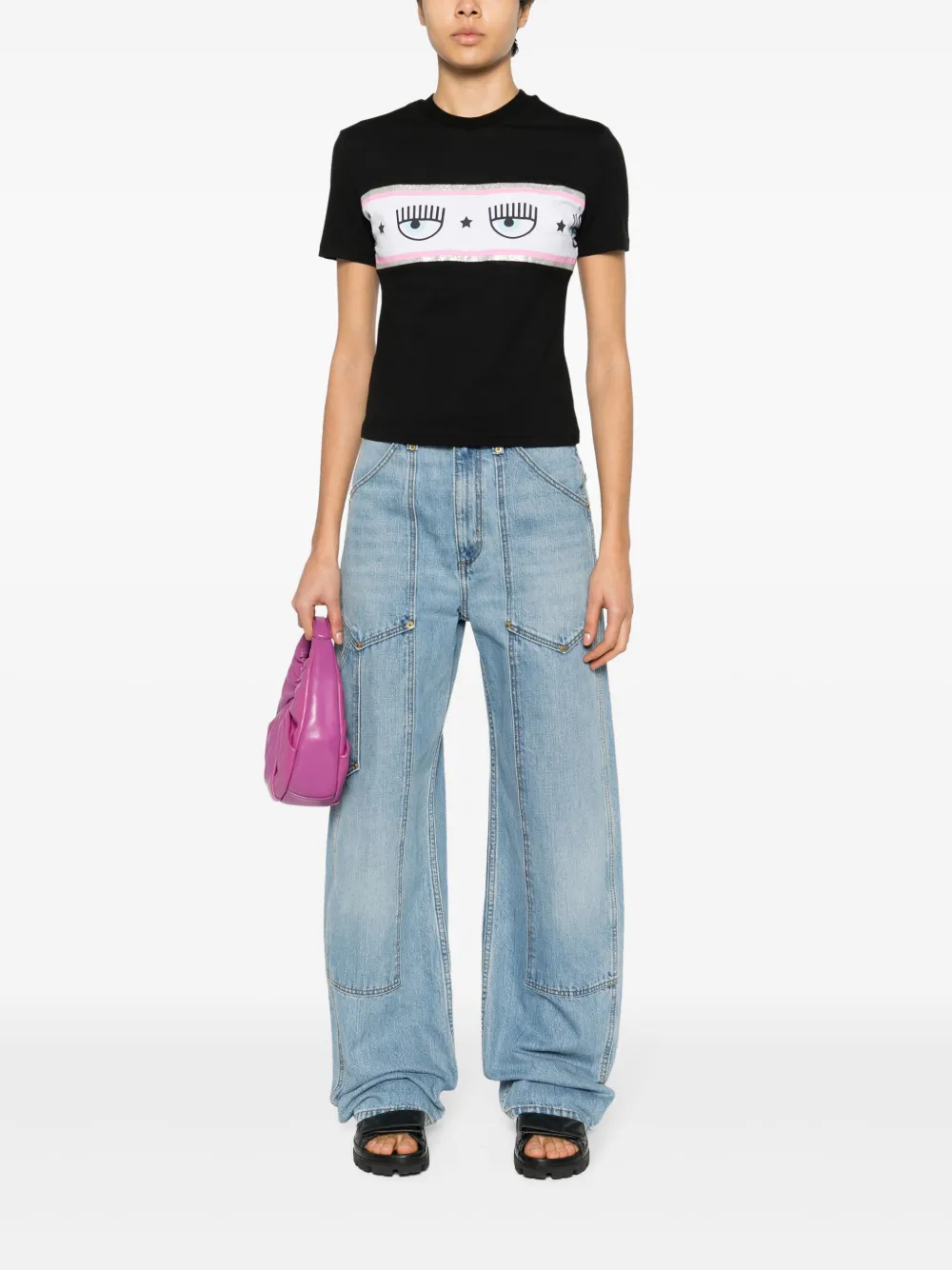 Shop Chiara Ferragni Eyelike-motif Cotton T-shirt In 黑色