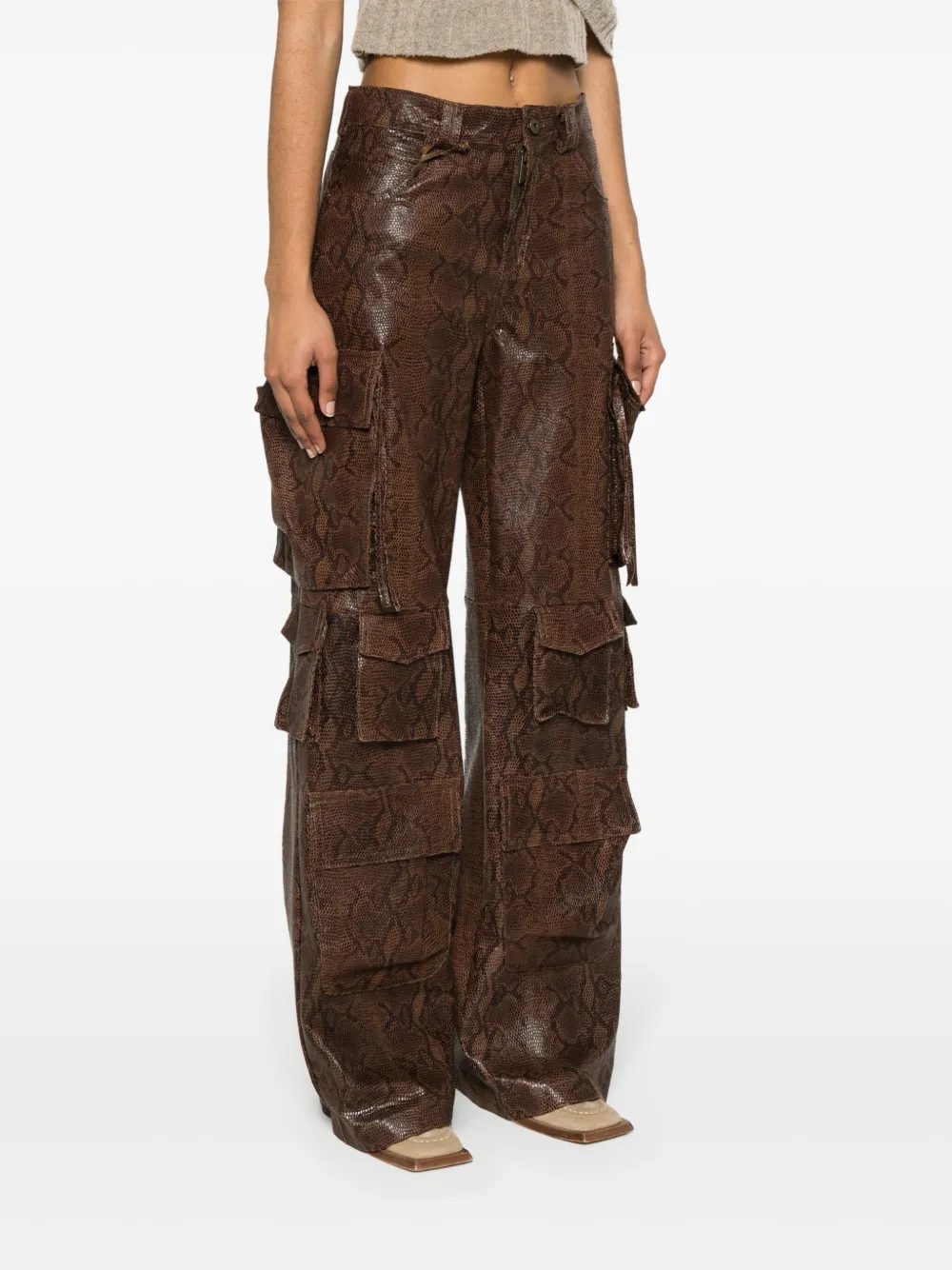 Shop Salvatore Santoro Snakeskin-effect Straight-leg Cargo Pants In 褐色