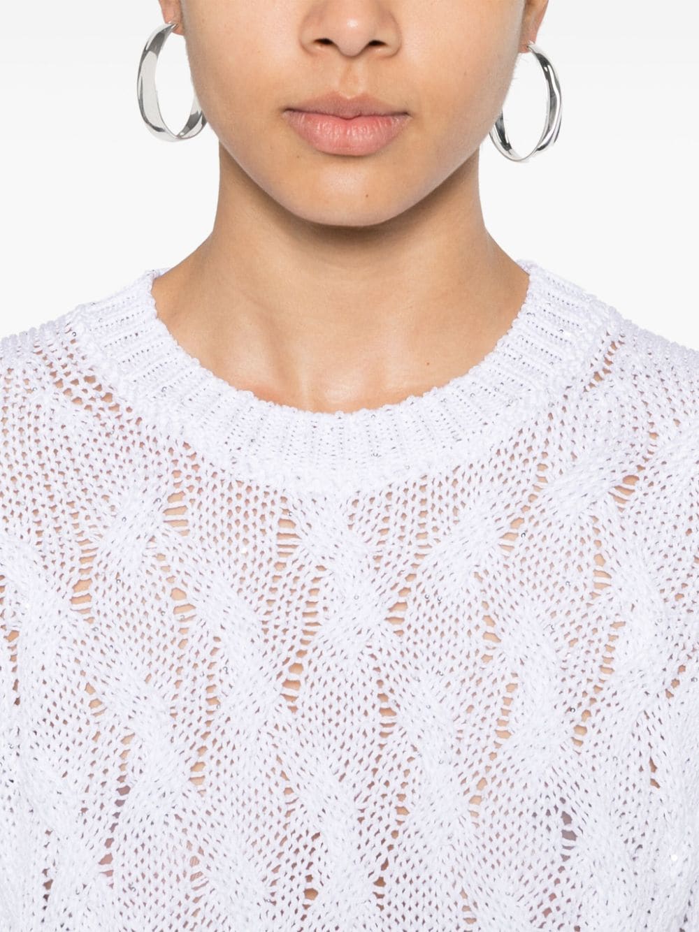 Shop Peserico Sequin-embellished Cable-knit Jumper In White