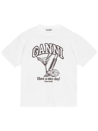 【関税・送料込み】GANNI T-SHIRTS WHITE COTTON T-SHIRT GANNI Cocktail-print T-shirt | White | FARFETCH