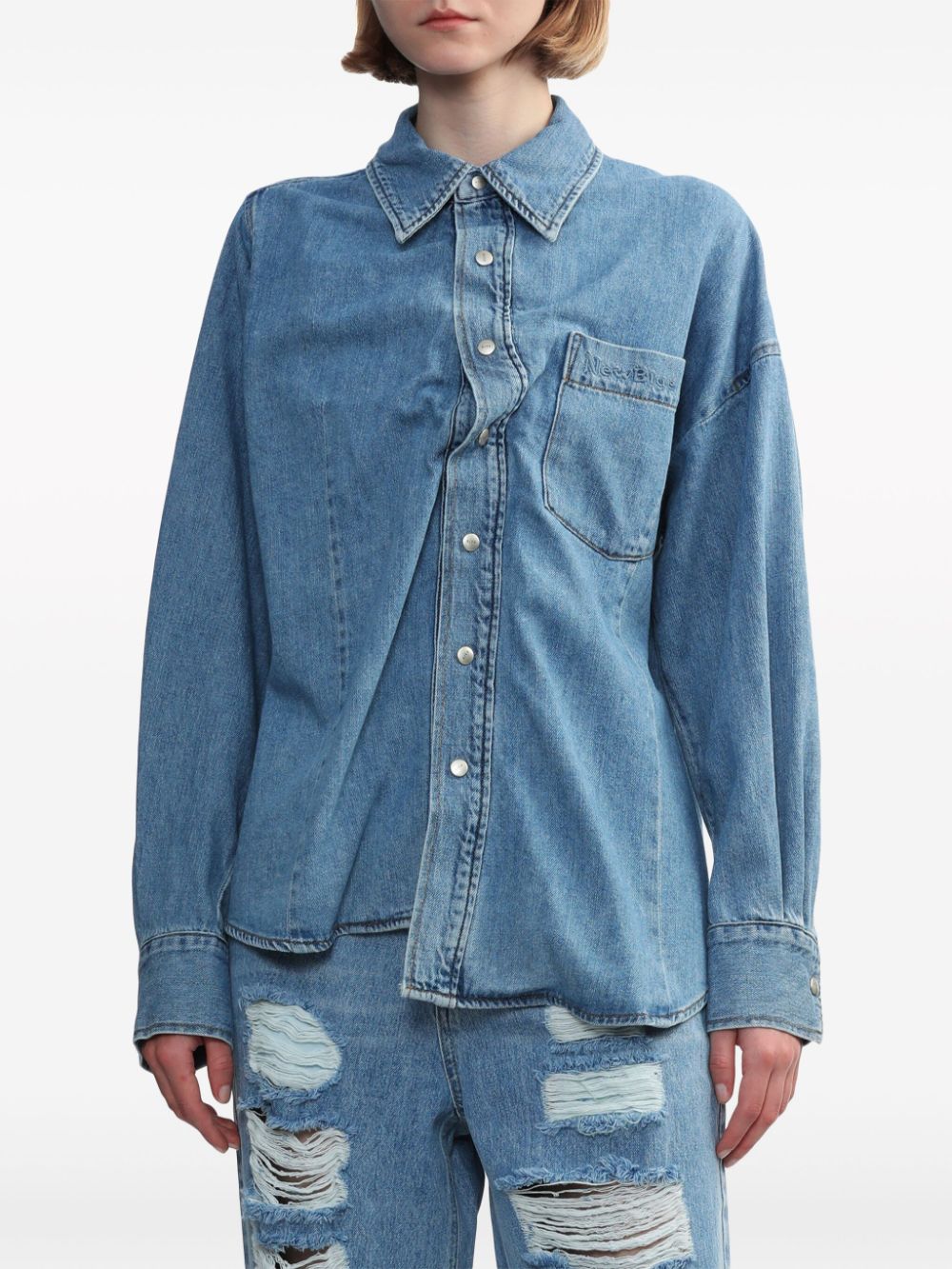 Shop Sjyp Asymmetric Denim Shirt In Blau