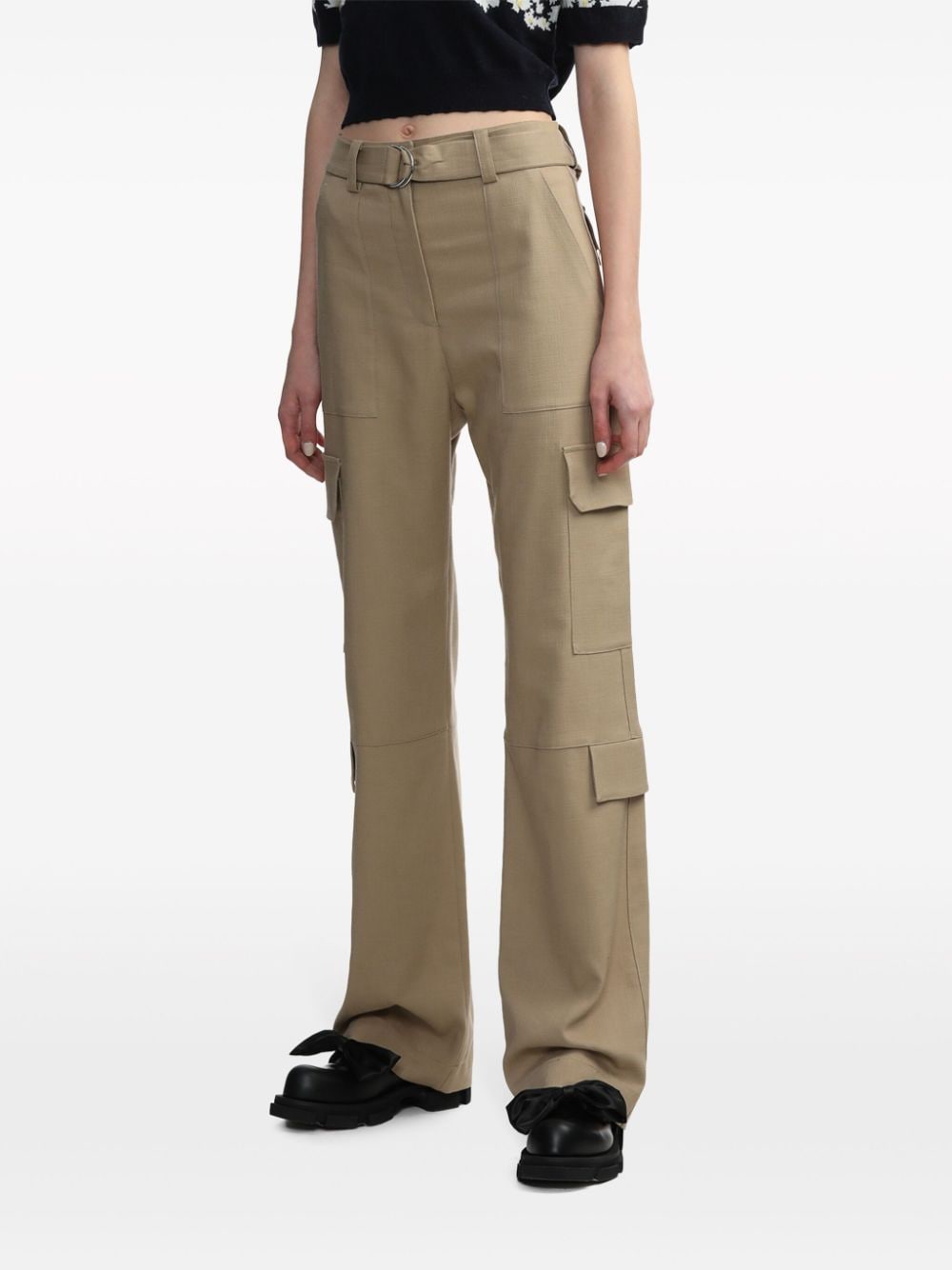 Shop Msgm Belted Woven Cargo Trousers In Neutrals