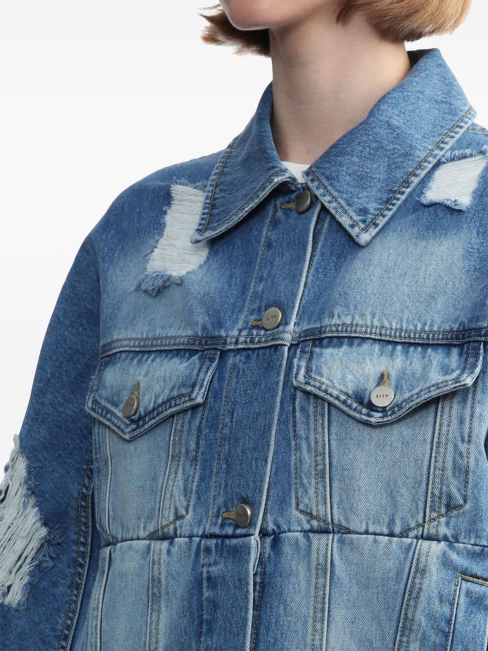 Shop Sjyp Distressed Denim Jacket In Blue