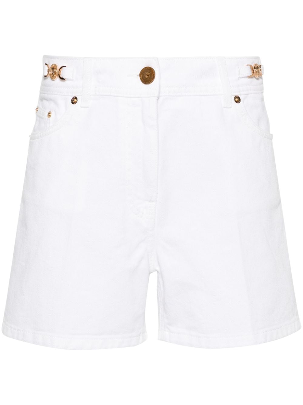 Shop Versace High-rise Straight-leg Denim Shorts In White