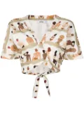 Amir Slama swimmer-print wrap-front cotton shirt - Neutrals