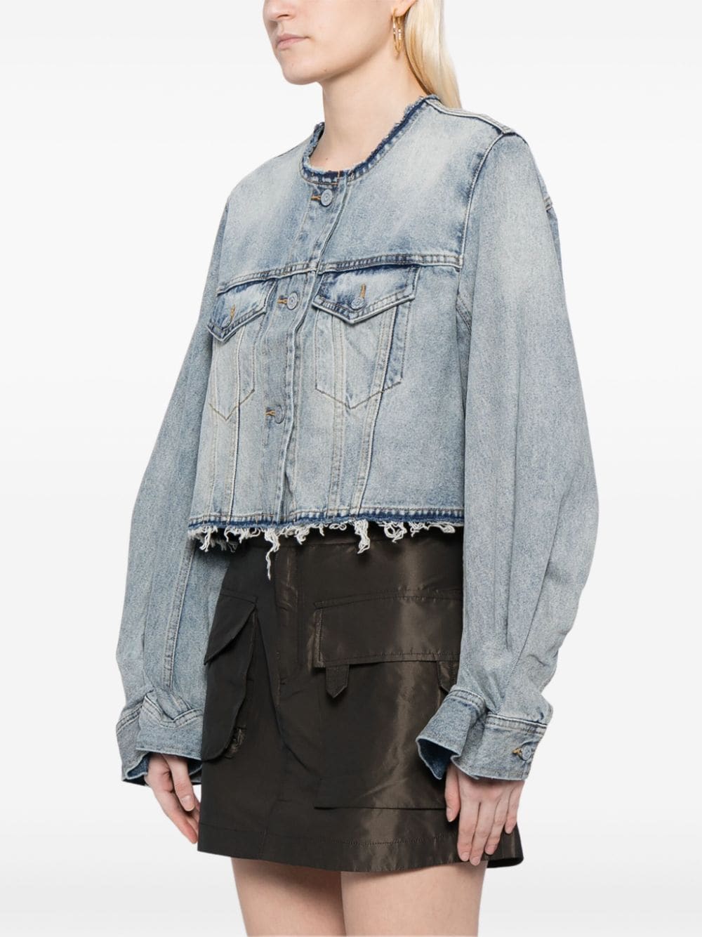 Shop Jnby Cropped Collarless Denim Jacket In Blue