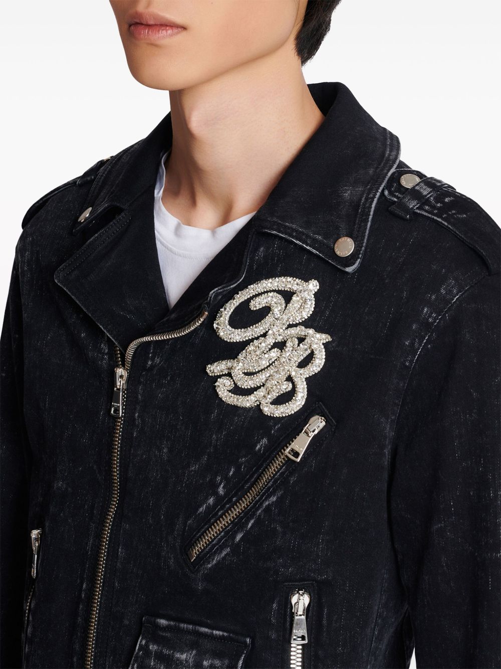 Balmain B logo-applique denim biker jacket Men