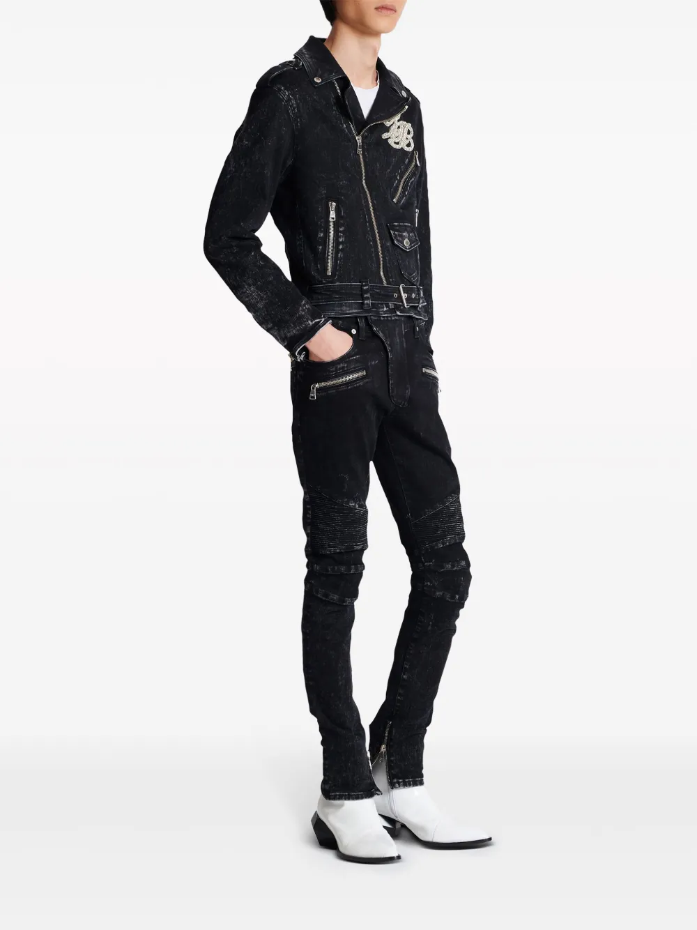 Shop Balmain B Logo-appliqué Denim Biker Jacket In Black