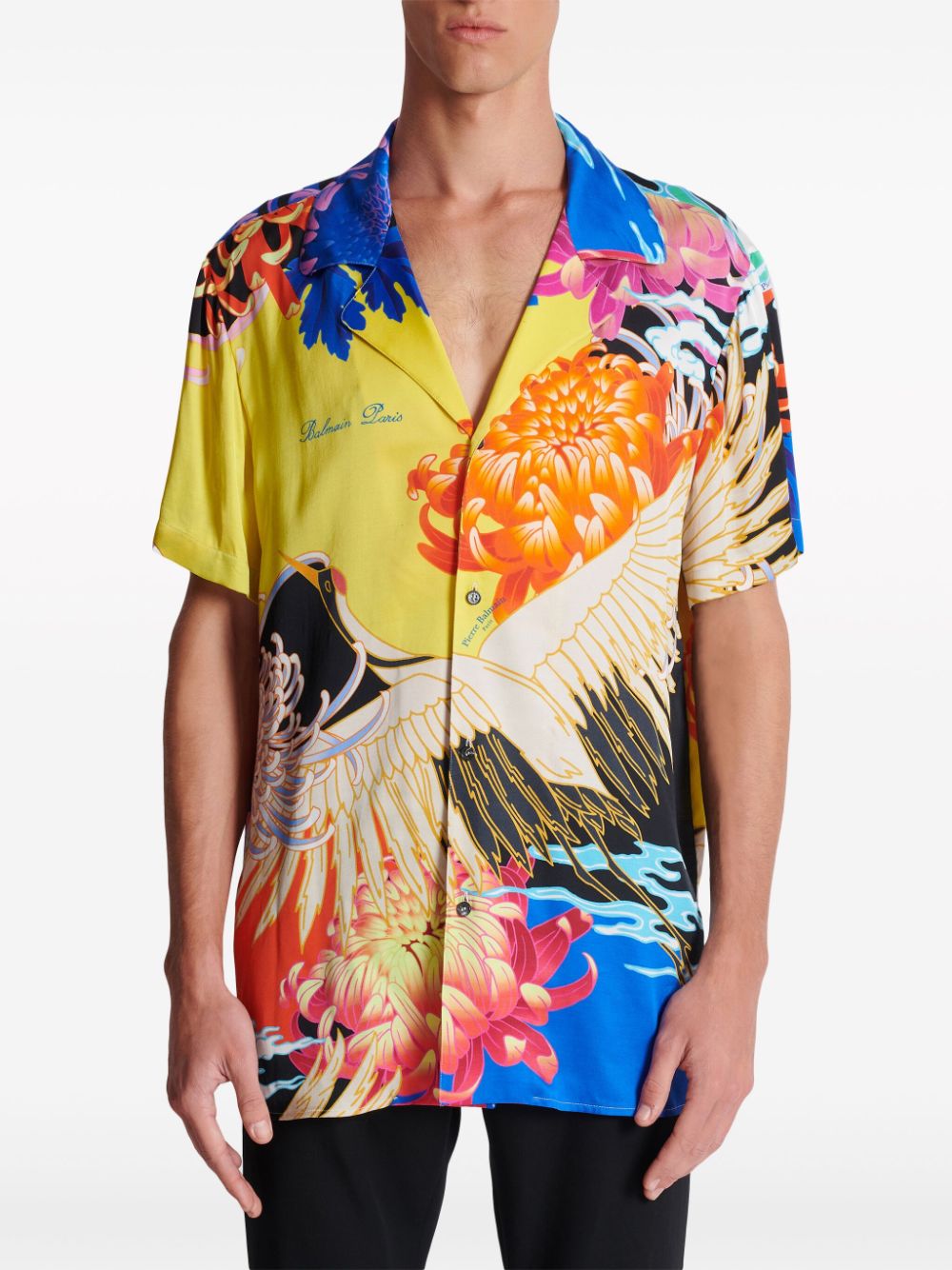 Shop Balmain Crane-print Satin Shirt In Blue