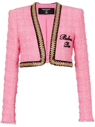 Balmain chain-trim Tweed Cropped Jacket | Pink | FARFETCH