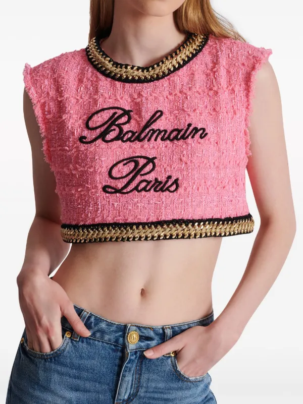 Balmain logo-embroidered Tweed Crop Top | Pink | FARFETCH