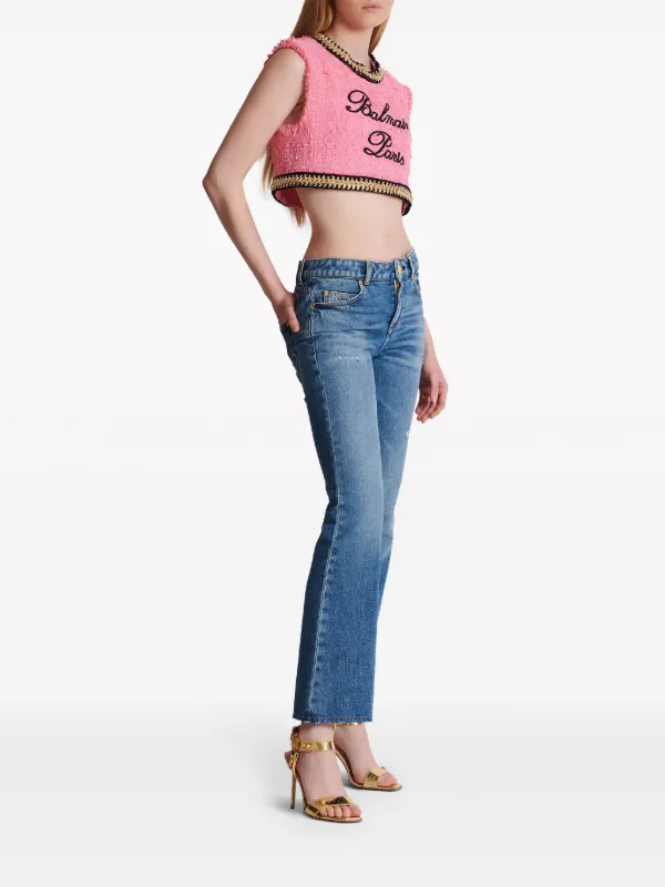 Balmain logo-embroidered Tweed Crop Top | Pink | FARFETCH