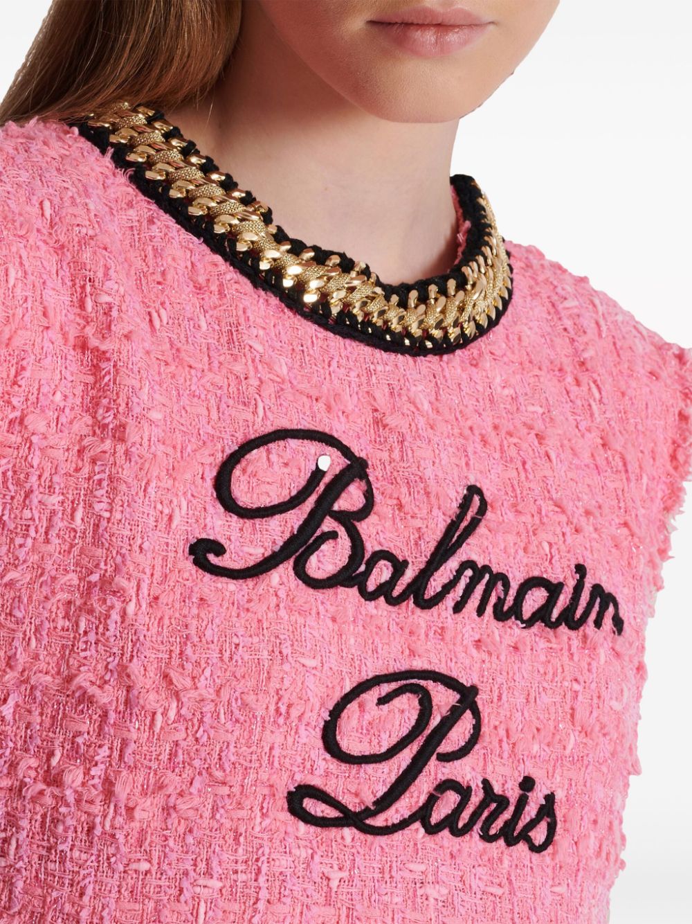 Balmain logo-embroidered tweed crop top Women