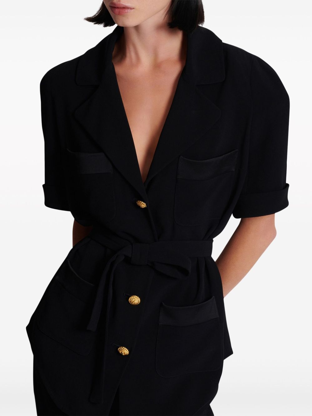 Balmain Crêpe blouse met ceintuur en korte mouwen Zwart