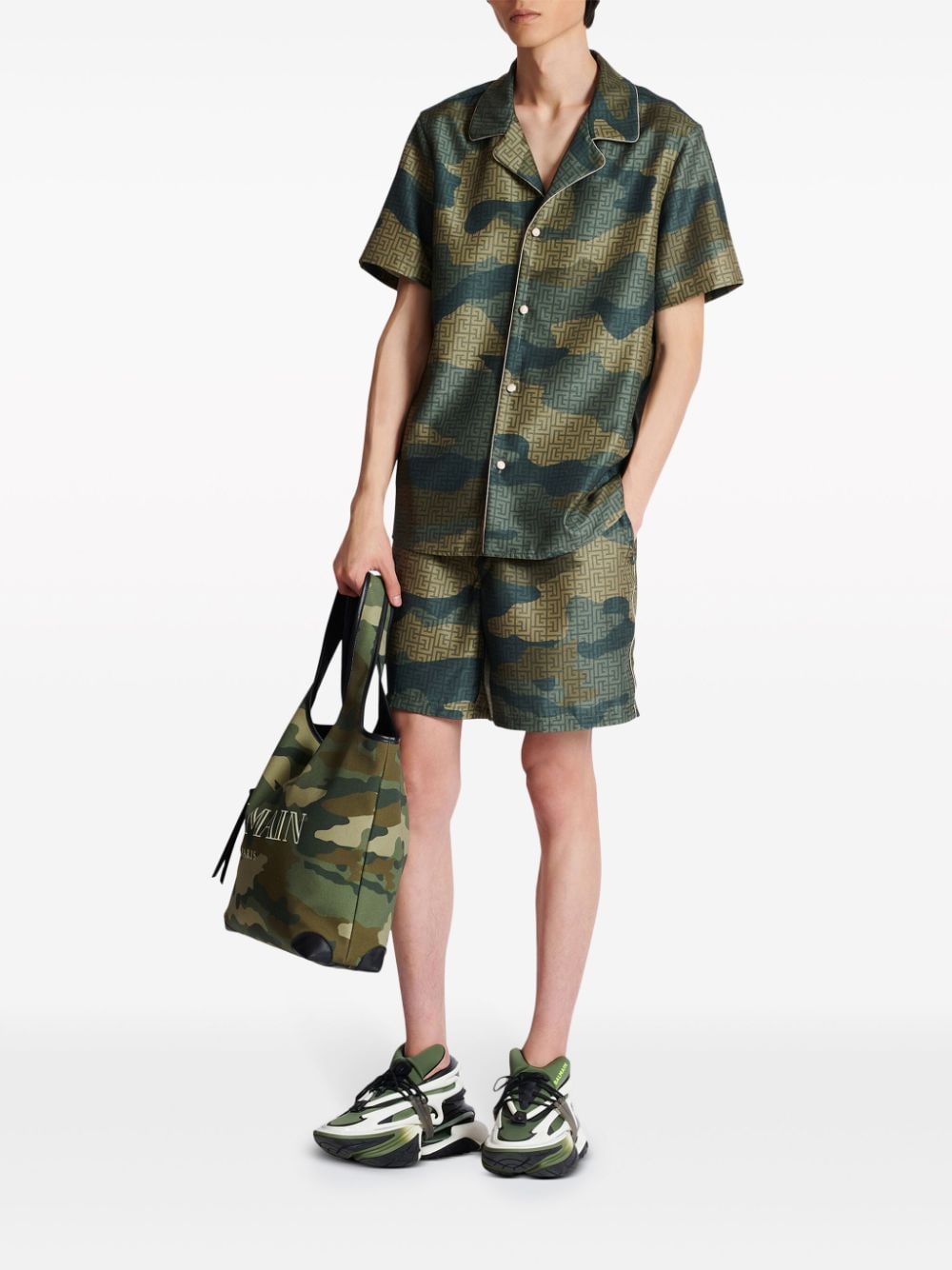 Shop Balmain Camouflage Monogram-print Shorts In Braun