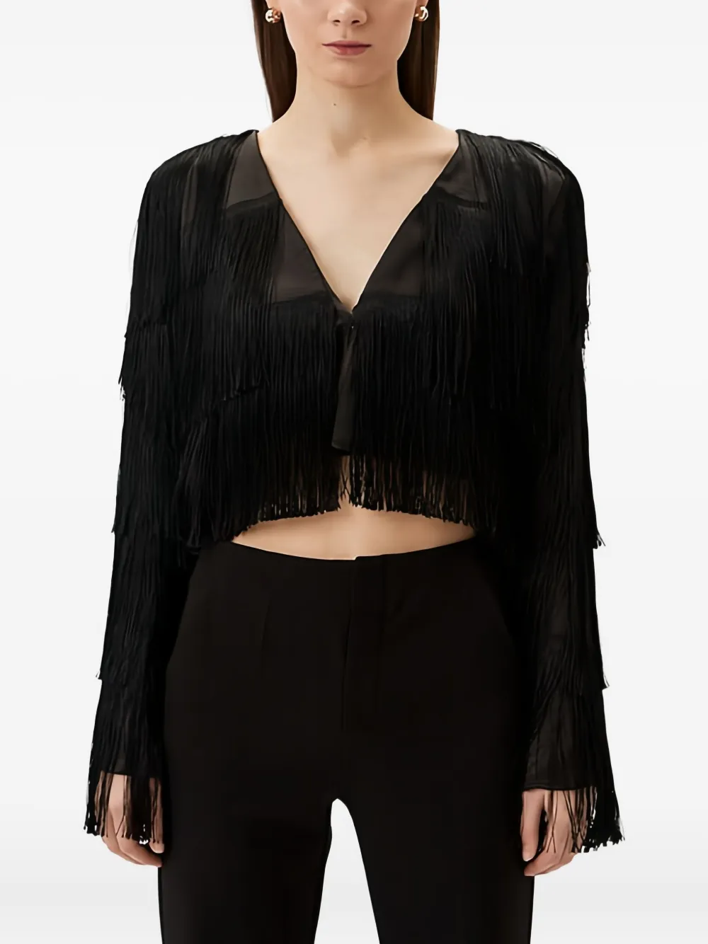 HUGO Blusa gola V com detalhe de franjas | Preto | Image 1