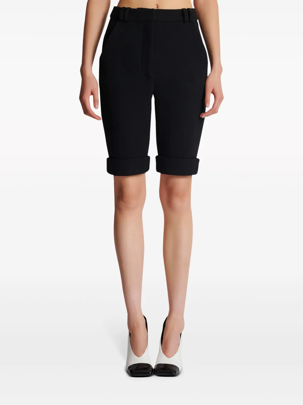 Shop Balmain High-rise Wool Cycling Shorts In Black