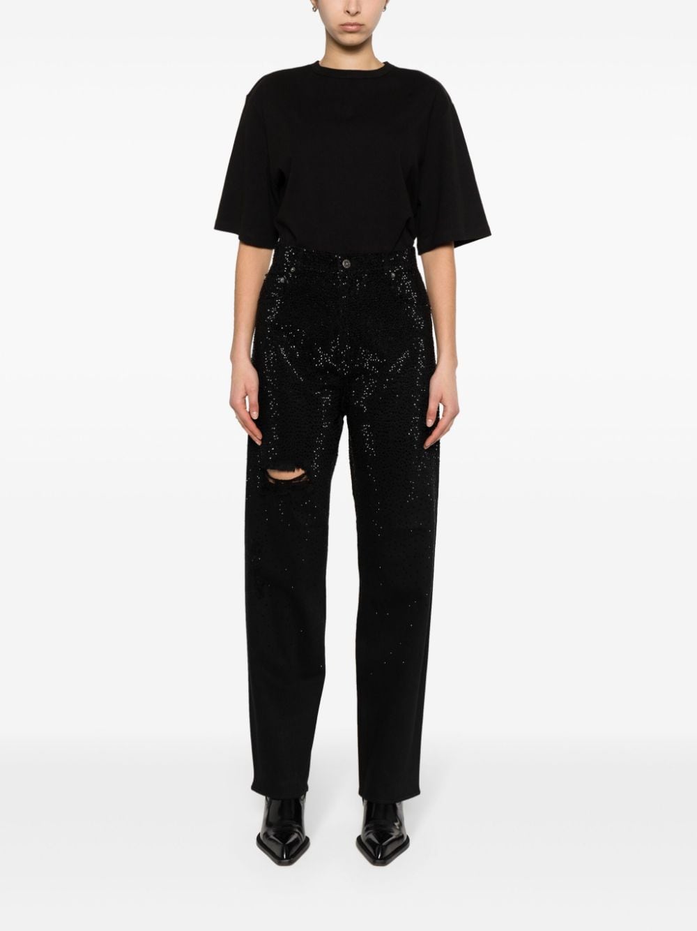 Shop Golden Goose Crystal-embellished Tapered Jeans In Black