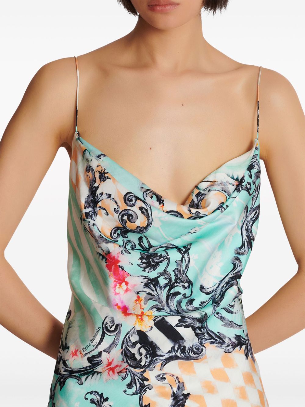 Balmain baroque-print satin dress Women