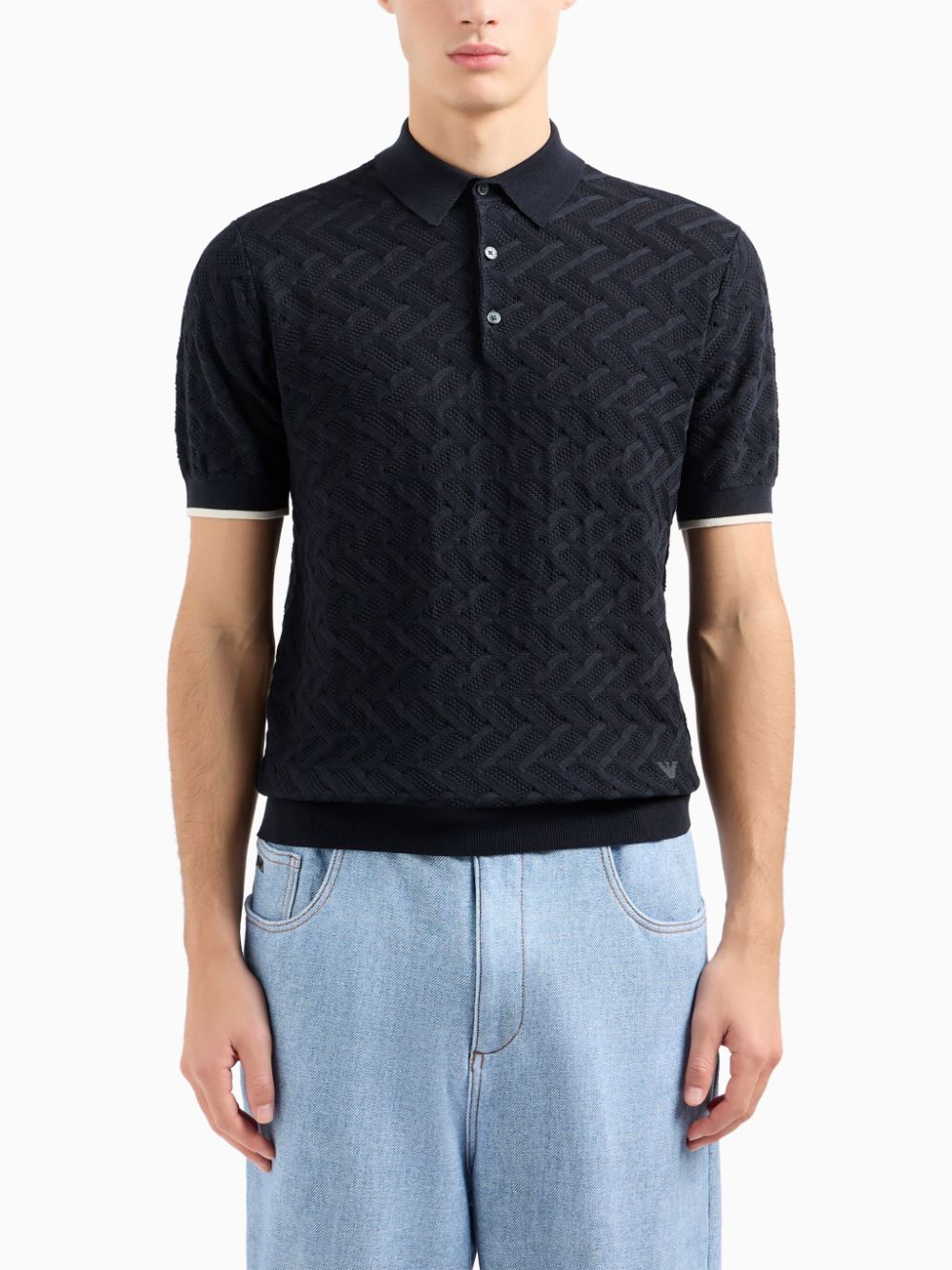 Shop Emporio Armani Patterned-knit Polo Shirt In Black