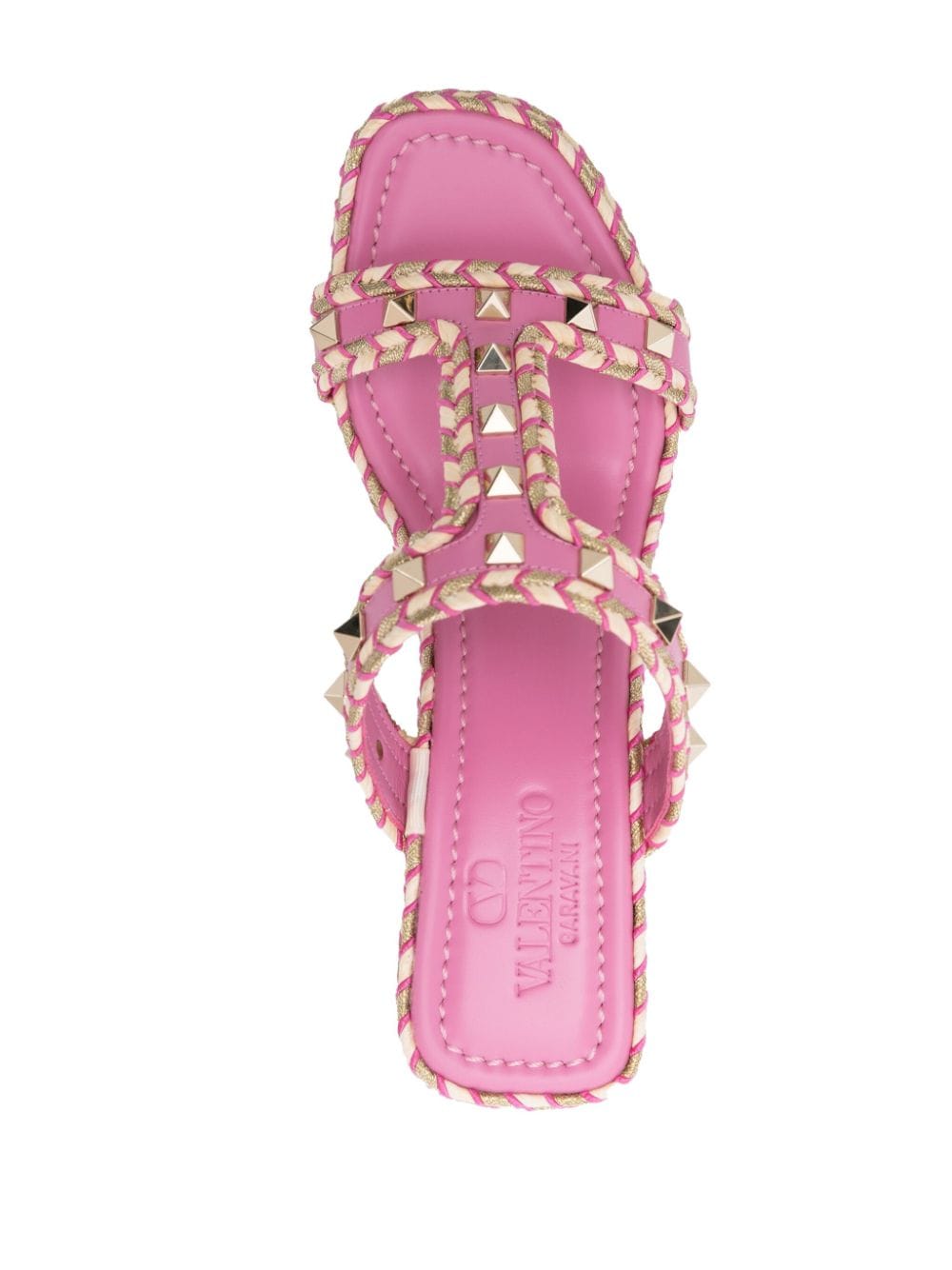 Shop Valentino Rockstud Leather Wedge Mules In Pink