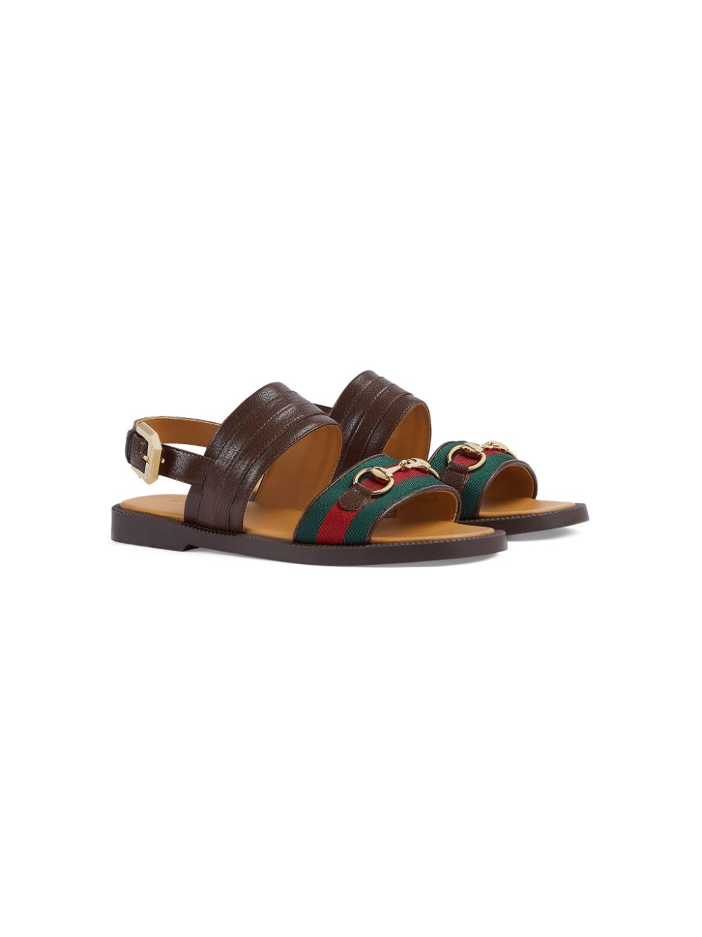 Gucci Kids' Horsebit Web Leather Sandals In Brown