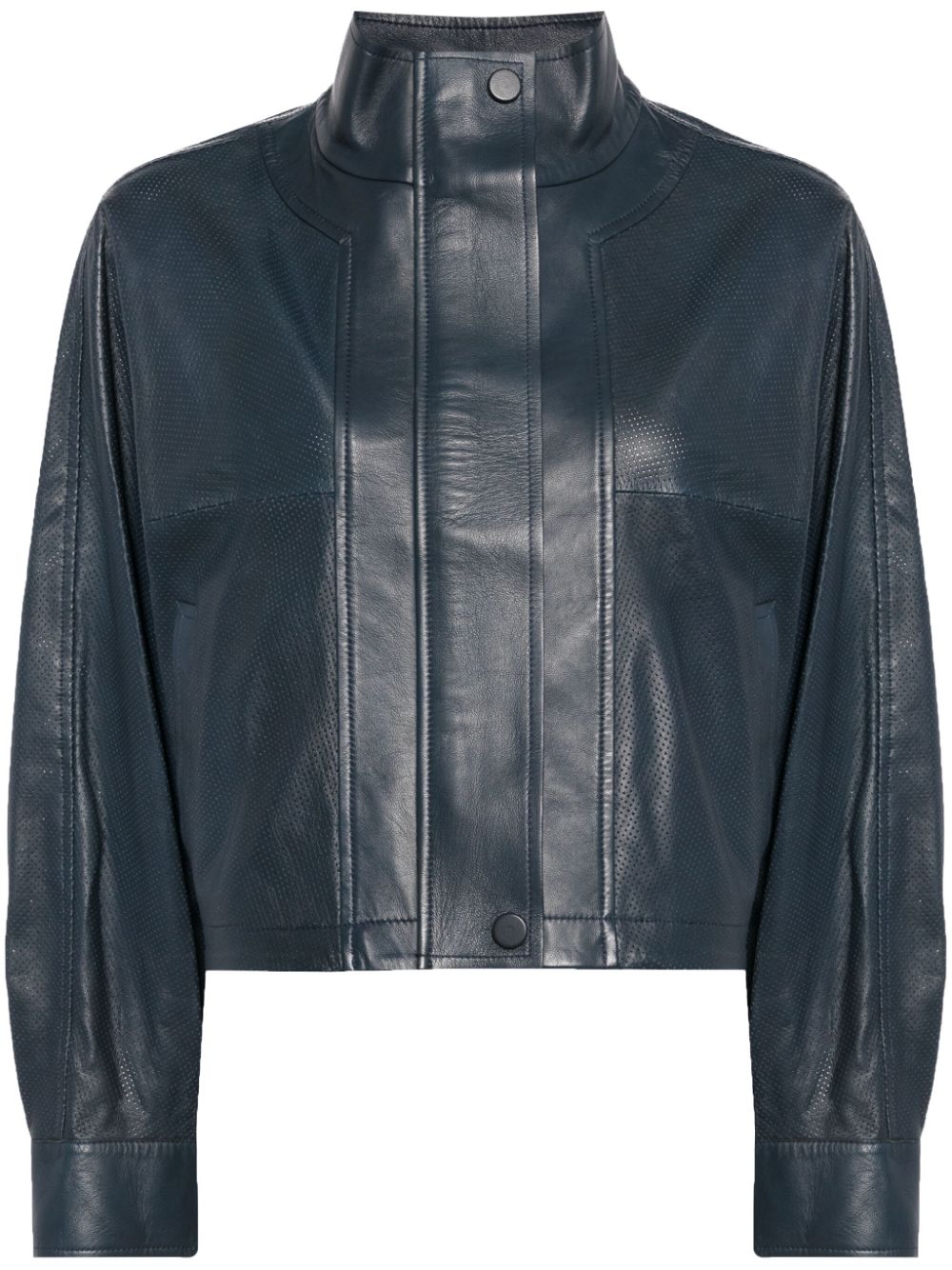 Yves Salomon High-neck Cropped Leather Jacket In Blue