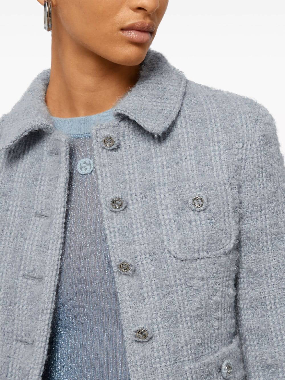 Shop Gucci Interlocking G-buttons Tweed Jacket In Blue