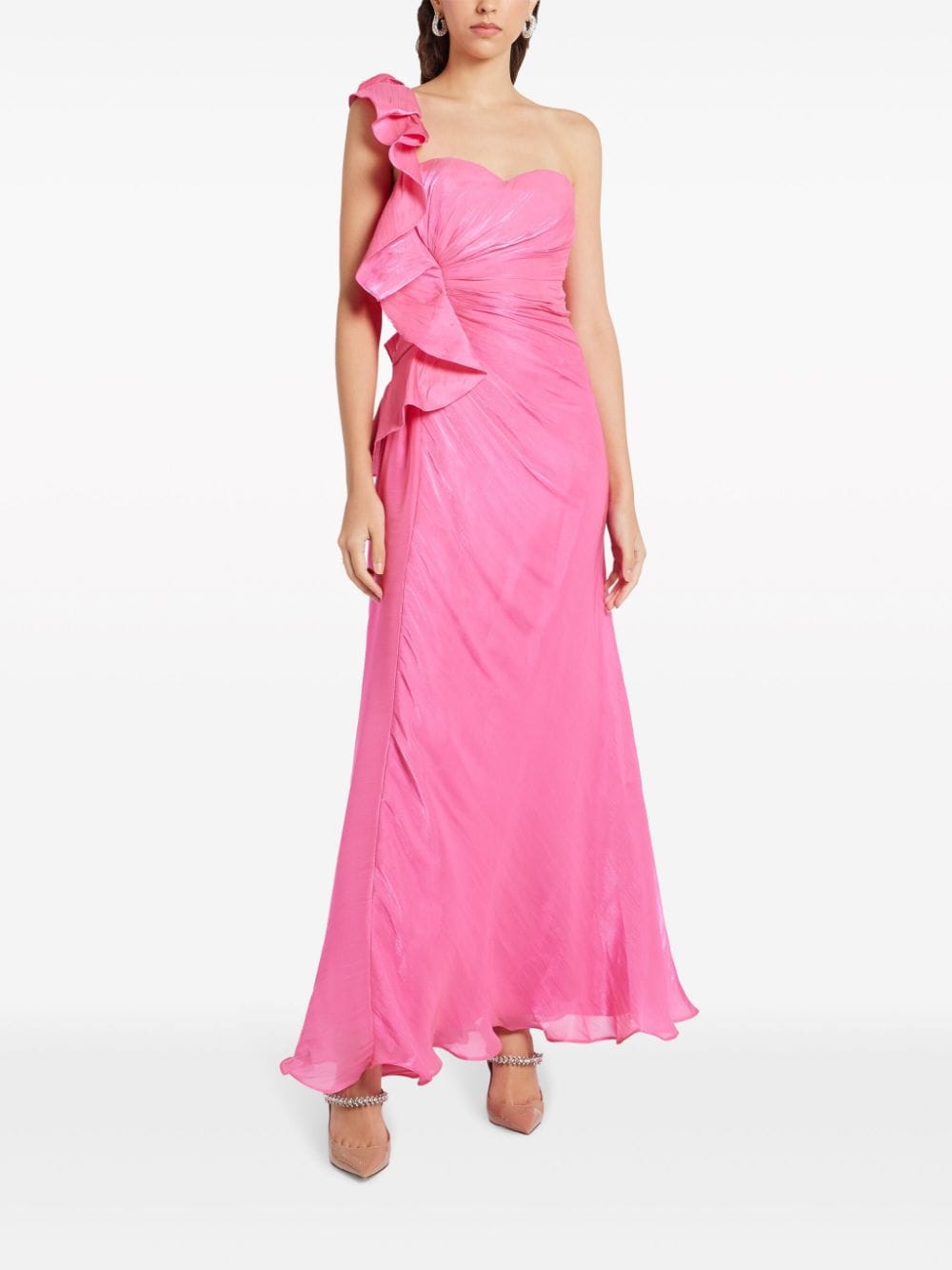 Shop Badgley Mischka Ruffle-detail Strapless Gown In Pink