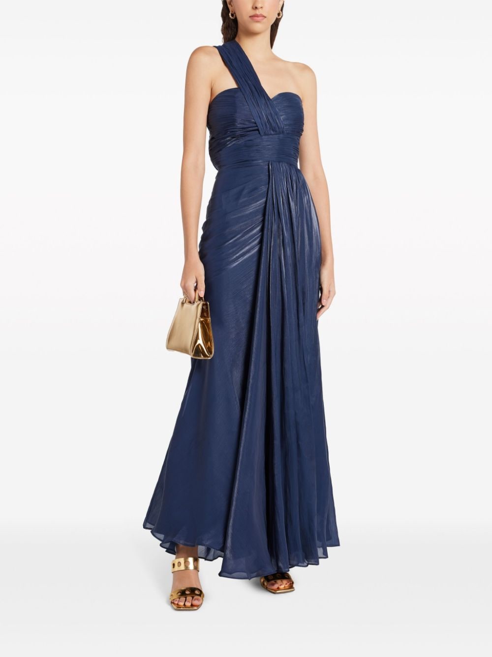 Shop Badgley Mischka Asymmetric Plissé Gown In Blue