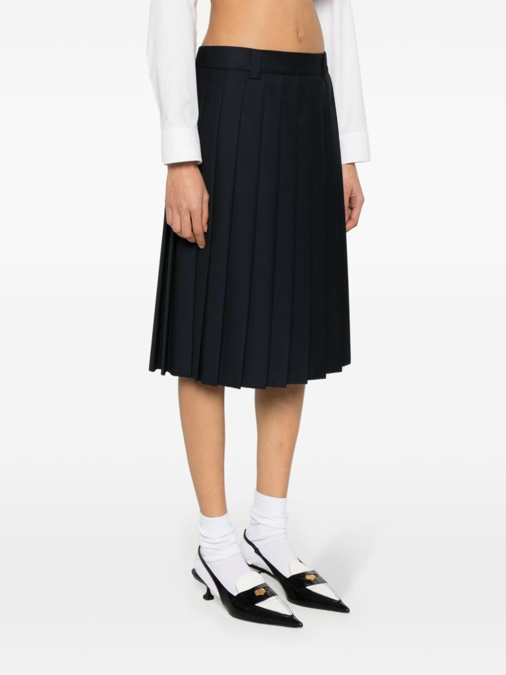Shop Miu Miu Embroidered-logo Pleat Wool Skirt In Blue