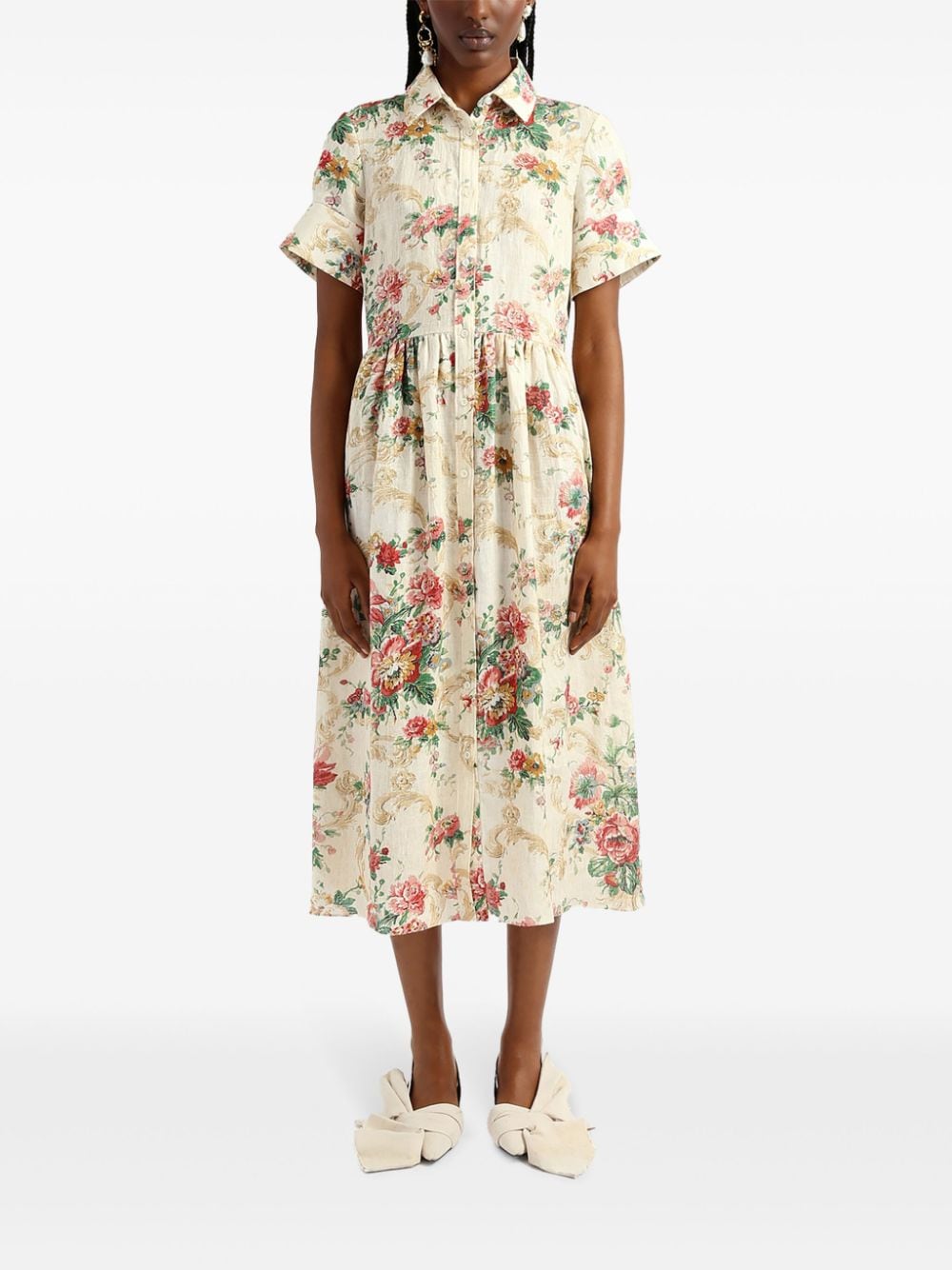 Shop Erdem Floral-print Linen Shirt Dress In Neutrals