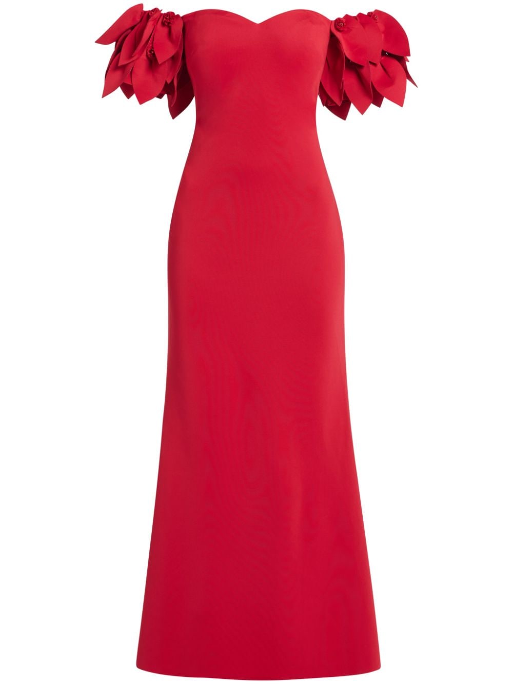 Shop Badgley Mischka Petal-appliqué Off-shoulder Gown In Red
