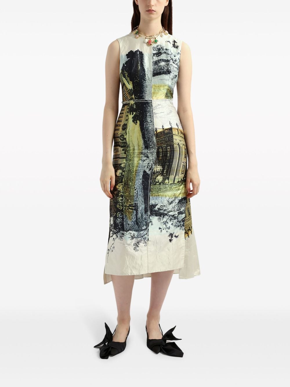 Shop Erdem Illustration-print Panelled Dress In Neutrals