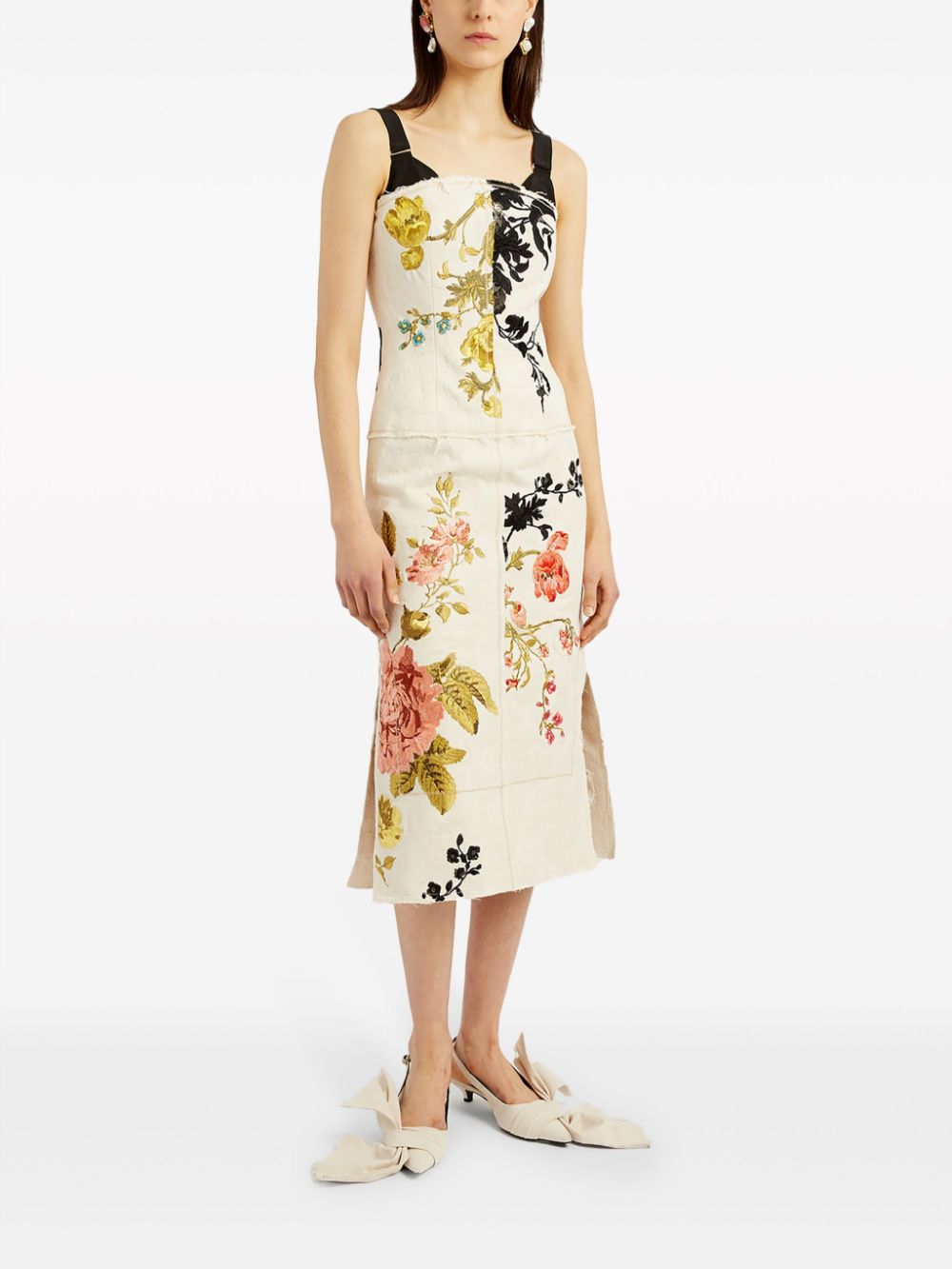 Shop Erdem Floral-embroidered Panelled Dress In Neutrals