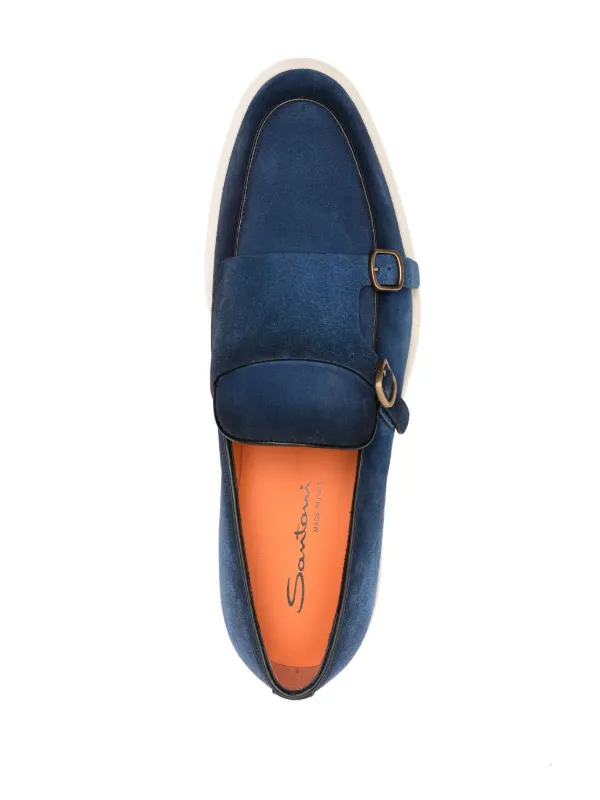 Santoni almond toe Suede Monk Shoes Blue FARFETCH SA