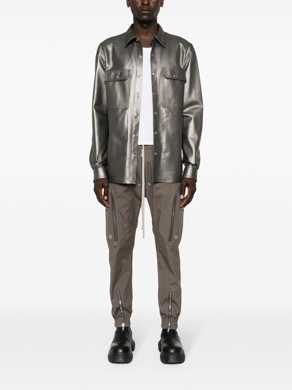 Shop Rick Owens Metallic Leather Shirt Jacket In Silver