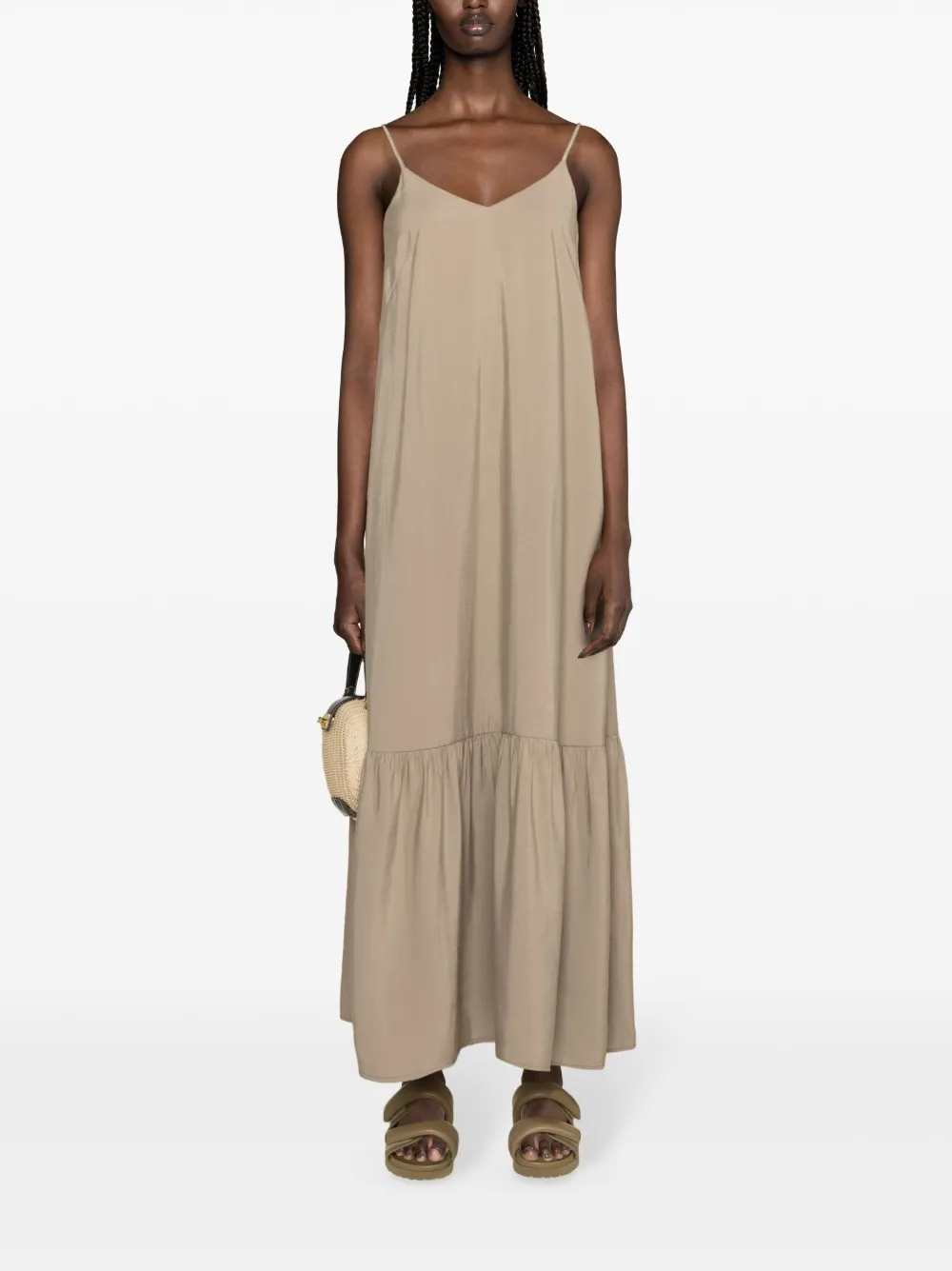 Shop Peserico Habotai Ruffled Modal Maxi Dress In Brown