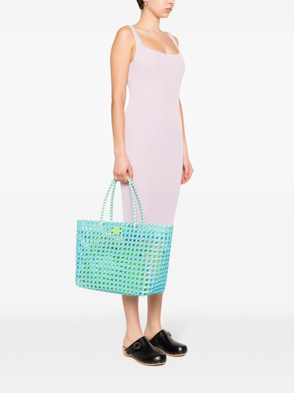 Shop Msgm Large Woven Logo-patch Tote Bag In Blue
