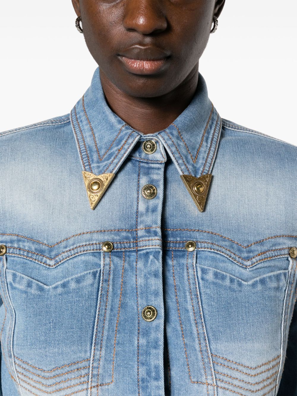 Shop Versace Jeans Couture Cropped Denim Jacket In Blue