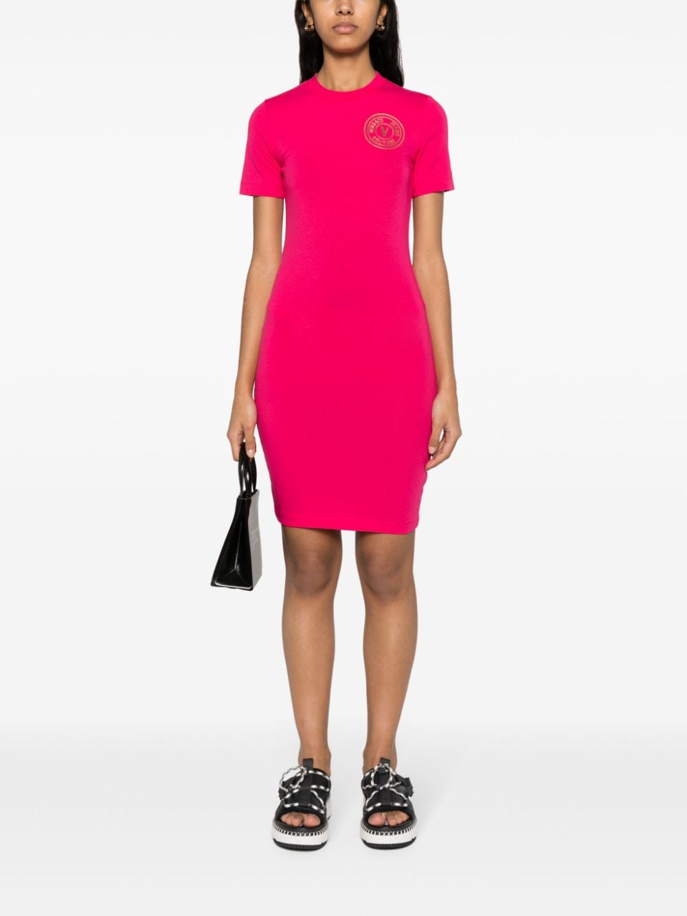 Shop Versace Jeans Couture Logo-print Stretch-cotton Minidress In Rosa